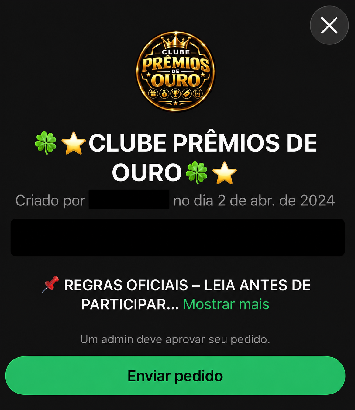 Exemplo mostrando onde clicar em Enviar pedido no grupo
